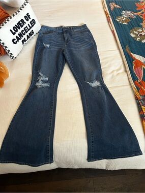 Women's Dark Blue Distressed Flare Jeans